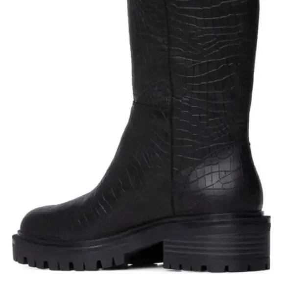 Paige Bella Black Tall/Knee High Boots Sz 9.5 Croc Embossed Leather Lug Sole New